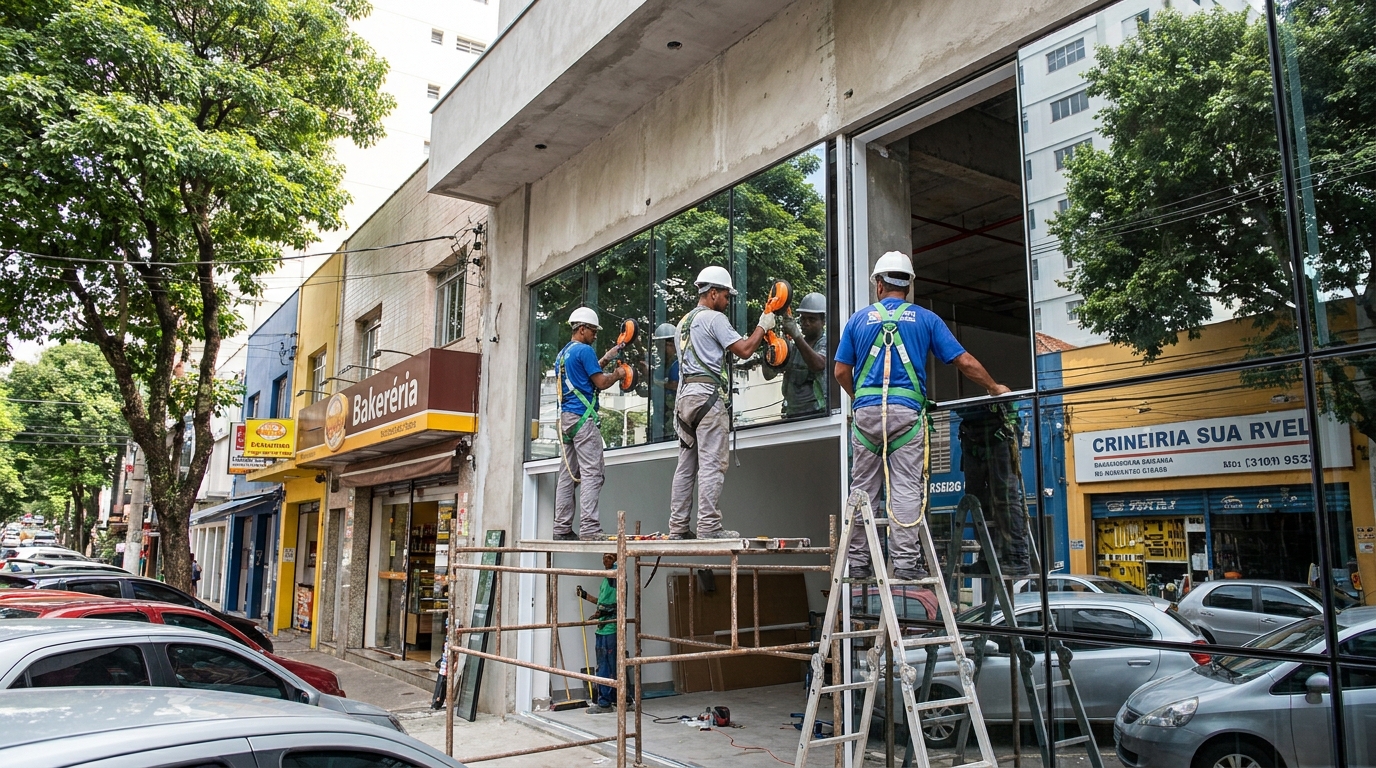 Fachada de vidro com confeitaria vizinha em Ribeirão Preto-SP