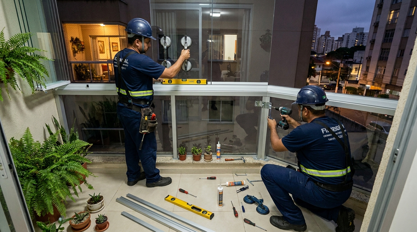 Instalação noturna de parede de vidro em Ribeirão Preto-SP