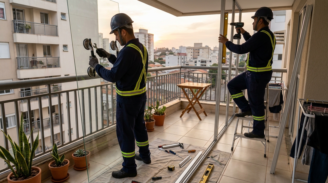 Instalação de parede de vidro em sacada em Ribeirão Preto-SP