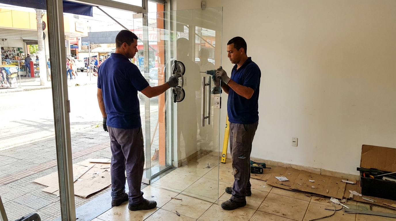 Porta de vidro de loja em rua movimentada em Ribeirão Preto-SP